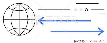 Globe intersected with lines, two blue arrows pointing right, various lines and circles. Ideal for technology, communication, global trade, internet, data transfer, worldwide networking Globe intersected with lines, two blue arrows pointing right, various lines and circles. Ideal for technology, communication, global trade, internet, data transfer, worldwide networking 128051003