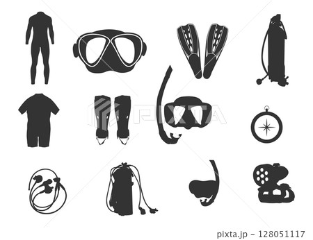 Diving equipment silhouette, Scuba diving equipment silhouette, Equipment silhouette, Diving element vector, Snorkeling gear icons. Diving equipment silhouette, Scuba diving equipment silhouette, Equipment silhouette, Diving element vector, Snorkeling gear icons. 128051117
