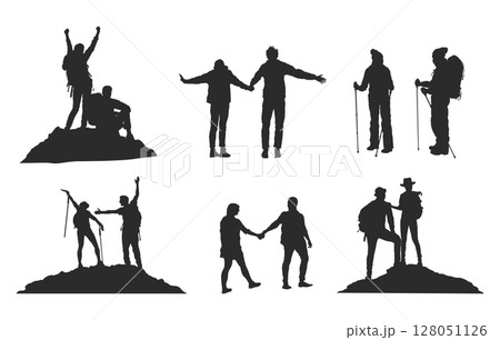 Couple hiker in mountain silhouettes, Couple hiking silhouette, Backpacker silhouettes, Hiker in mountain svg, Adventure silhouette, Hiking together silhouette 128051126