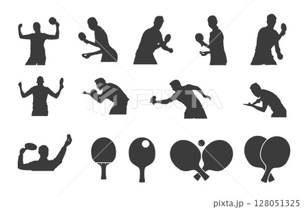 Table tennis silhouettes, Table tennis player silhouettes, Table tennis svg, Table tennis equipment silhouette, Table tennis player vector. 128051325