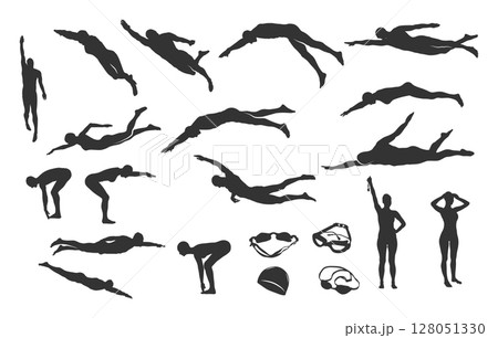 Swimming silhouettes, Swimmer silhouette, Woman swimming silhouette, Swimmer svg, Backstroke swimmer silhouette, Swimming svg, Swimming goggles silhouette, Swimmer icon bundle 128051330
