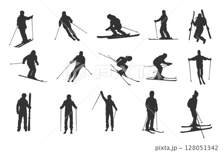 Skiing silhouette, Skier silhouette, Ski silhouette, Skier vector set, Skiing svg, Snowboarding silhouette, Winter sport silhouette. 128051342