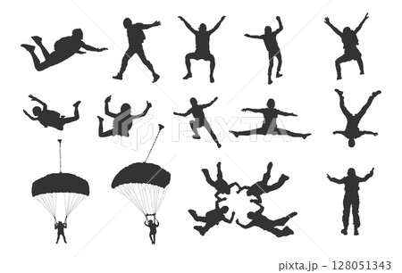 Skydiving silhouettes, Skydiving svg, Falling skydiver silhouette, Skydiver silhouette, Parachute skydiving silhouette, Skydiving clipart 128051343
