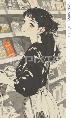 スーパーマーケットで買い物かごを持って微笑む女性　暖色系パレット　日常生活　食品棚背景　商品選び中　 128051437