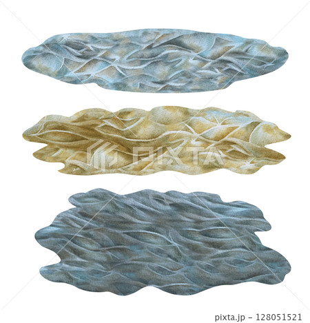 Three textured hand draw underwater sand surfaces in shades of blue, brown, green. Watercolor template for sea design, educational content, games, decorative elements in digital, printed media. 128051521