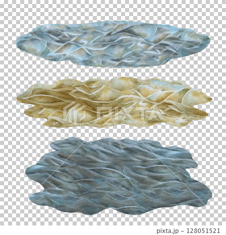 Three textured hand draw underwater sand surfaces in shades of blue, brown, green. Watercolor template for sea design, educational content, games, decorative elements in digital, printed media. 128051521