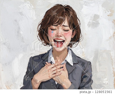 仕事のミスで怒られると思ったけど安心した女性社員の表情イラスト（涙・安堵・笑顔） 128051561