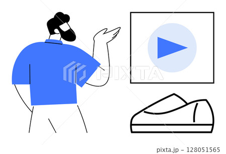 Man in blue shirt explaining with gesture, large play button and shoe icon nearby. Ideal for presentations, tutorials, education, marketing, product design, innovation, communication. Line metaphor Man in blue shirt explaining with gesture, large play button and shoe icon nearby. Ideal for presentations, tutorials, education, marketing, product design, innovation, communication. Line metaphor 128051565