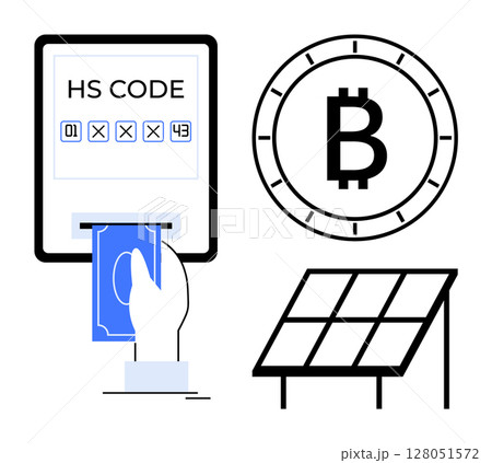 Digital payment machine, HS Code entry, hand inserting money, Bitcoin symbol, solar panel. Ideal for finance, cryptocurrency, digital transactions, renewable energy, sustainability, e-commerce Digital payment machine, HS Code entry, hand inserting money, Bitcoin symbol, solar panel. Ideal for finance, cryptocurrency, digital transactions, renewable energy, sustainability, e-commerce 128051572
