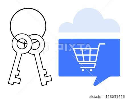 Two black keys intertwined beside a blue speech bubble containing a shopping cart and a cloud icon. Ideal for online shopping, cybersecurity, e-commerce platforms, digital marketing, cloud computing 128051626