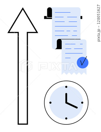 An upward arrow, a clock, and a checklist with a blue check mark. Ideal for productivity, time management, progress tracking, goal setting, and organizational themes. Simple modern style 128051627