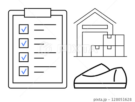 Clipboard with checklist, warehouse building and boxes, and barcode scanner. Ideal for logistics, inventory management, supply chain, shipping, stocktaking, order fulfillment, warehousing. Line 128051628