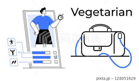 Man in fitness app interface gesturing OK. Fitness icons connected to app. Vegetarian text above briefcase. Ideal for health, fitness, diet apps, eco-conscious products, lifestyle, technology, UI UX 128051629