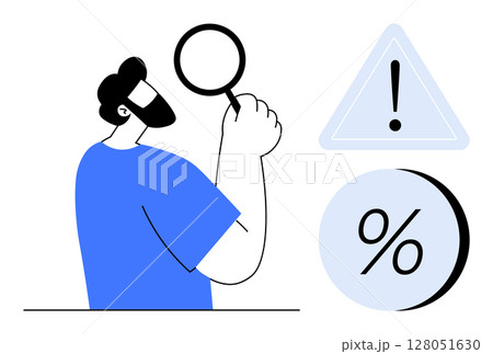 Man using magnifying glass, inspecting objects. Warning triangle with exclamation mark, percentage symbol. Ideal for research, analysis, risk assessment, caution, statistics, finance, scrutiny Line 128051630