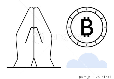 Hands in a prayer gesture, a Bitcoin coin, and a cloud symbol. Ideal for finance, technology, digital currency, blockchain, faith, hope, spirituality. Line metaphor 128051631