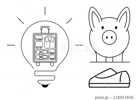 Light bulb with organized suitcase, piggy bank, shoe. Ideal for travel tips, packing hacks, budgeting, vacation planning, financial savings, minimalist lifestyle, efficient organization. Line Light bulb with organized suitcase, piggy bank, shoe. Ideal for travel tips, packing hacks, budgeting, vacation planning, financial savings, minimalist lifestyle, efficient organization. Line 128051656