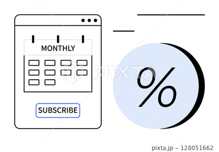 Calendar with Monthly header and Subscribe button on browser window, large percentage sign beside it. Ideal for marketing strategies, ecommerce, newsletters, service plans, customer engagement 128051662
