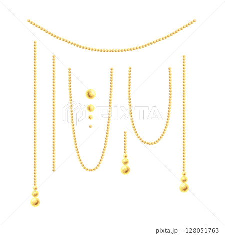 Elegant golden hanging chains, beads, and strings. Hand-painted watercolor illustration elements perfect for luxury holiday designs, branding, and decor. New Year, Christmas Illustration Elegant golden hanging chains, beads, and strings. Hand-painted watercolor illustration elements perfect for luxury holiday designs, branding, and decor. New Year, Christmas Illustration 128051763