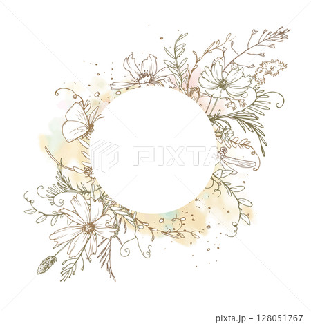 Round floral frame with soft watercolor texture and botanical line art. Featuring wildflowers, herbs, and butterflies. Ideal for eco labels, branding, and organic cosmetic packaging. 128051767