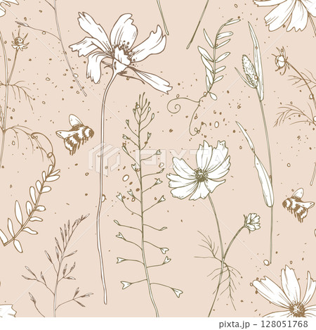 Soft minimalist seamless floral pattern in line art style. Featuring wildflowers, herbs, and bees on nude beige background. Ideal for eco-friendly projects, wrapping paper, and textile prints. Soft minimalist seamless floral pattern in line art style. Featuring wildflowers, herbs, and bees on nude beige background. Ideal for eco-friendly projects, wrapping paper, and textile prints. 128051768