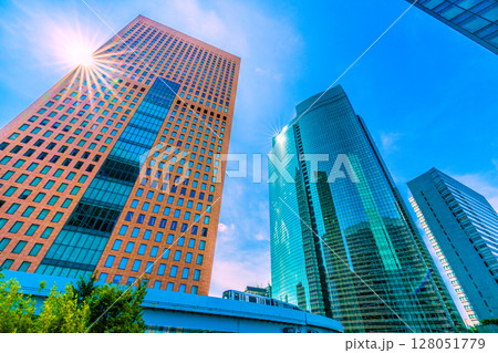 日本の東京都市景観 7月4日。汐留シティセンターや汐留タワーなど汐留のオフィスビル群を望む 128051779