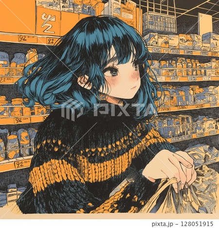 店内の光を浴びながら買い物する女性　スーパーマーケット　買い物中　柔らかいイラスト表現 128051915
