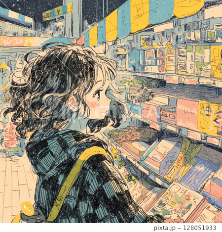 スーパーの通路で商品を手に取る女性　袋とリュック　カジュアルコーデ　ほほえみ　買い物風景 128051933