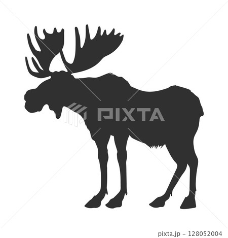 Elk silhouette. Black drawing of forest animal. Isolated wild stag. Zoo logo element. Simple sketch 128052004