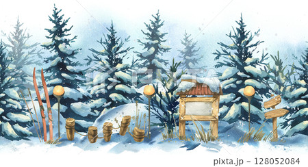 Seamless watercolor winter forest border with snowy trees, skis, lanterns, and cabin elements. Perfect for packaging, borders, and winter-themed designs. Watercolor illustration 128052084