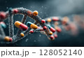 Precision medicine concept. DNA strand intertwined with colorful capsules, symbolizing biotechnology and pharmaceutical innovation 128052140