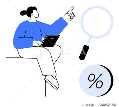 Person sitting with laptop, pointing upwards, a magnifying glass and percentage sign nearby. Ideal for business analysis, research, data search, financial audits, educational purposes, online 128052158