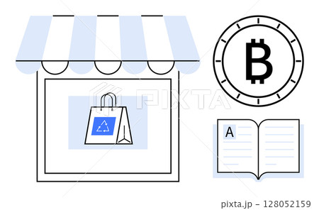 Market storefront with eco-friendly shopping bag, Bitcoin symbol coin, and open book. Ideal for eco-commerce, cryptocurrency, online shopping, education, sustainability, financial literacy 128052159