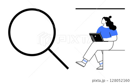 Woman wearing blue top sitting on bench and using a laptop beside a large magnifying glass. Ideal for technology, remote work, online research, digital learning, internet browsing, data analysis 128052160