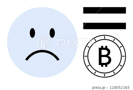 Blue sad face next to a double-striped equals sign and a Bitcoin icon, illustrating financial loss or downturn. Ideal for finance, cryptocurrency, investment, emotions, economic health, digital Blue sad face next to a double-striped equals sign and a Bitcoin icon, illustrating financial loss or downturn. Ideal for finance, cryptocurrency, investment, emotions, economic health, digital 128052165