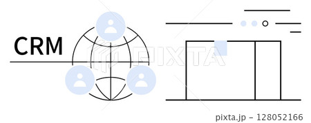 CRM text next to globe with user avatars and software interface window with tabs. Ideal for customer relationship management, business networking, software design, digital marketing, data management CRM text next to globe with user avatars and software interface window with tabs. Ideal for customer relationship management, business networking, software design, digital marketing, data management 128052166