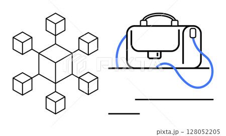 Network of cubes connected to a central node next to a briefcase with a blue strap. Ideal for business development, technology, networking, information systems, data management, professional gear 128052205