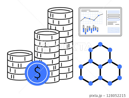 Stacked coins, data analytics screen with graphs, and a network molecule structure. Ideal for finance, investment, business strategy, technology, data analysis, economics, and innovation themes. Line Stacked coins, data analytics screen with graphs, and a network molecule structure. Ideal for finance, investment, business strategy, technology, data analysis, economics, and innovation themes. Line 128052215