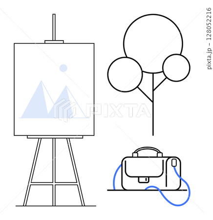 Canvas on easel with abstract mountains, tree outline with circles, briefcase with blue strap. Ideal for education, nature, travel, workspace, design, minimalist art, creative projects. Line metaphor Canvas on easel with abstract mountains, tree outline with circles, briefcase with blue strap. Ideal for education, nature, travel, workspace, design, minimalist art, creative projects. Line metaphor 128052216