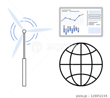 Wind turbine with rotating blades, global network symbol, and analytics screen displaying graphs and charts. Ideal for sustainability, energy analysis, global connectivity, data analytics 128052234