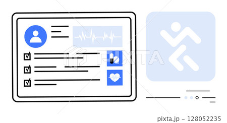 Digital health record displaying profile, checklist, ECG trace, medication icons, and heart rate symbol. Ideal for medical apps, patient management, health monitoring, telemedicine, electronic health Digital health record displaying profile, checklist, ECG trace, medication icons, and heart rate symbol. Ideal for medical apps, patient management, health monitoring, telemedicine, electronic health 128052235