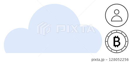 Large blue cloud shape with user account and Bitcoin cryptocurrency icons beside it. Ideal for cloud computing, data storage, cybersecurity, digital currency, user authentication, tech startups 128052256