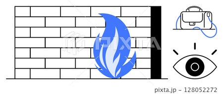 Firewall made of bricks, blue flame, laptop with cable, and an eye icon. Ideal for cybersecurity, IT support, online privacy, digital safety, data protection, internet security, and technology Firewall made of bricks, blue flame, laptop with cable, and an eye icon. Ideal for cybersecurity, IT support, online privacy, digital safety, data protection, internet security, and technology 128052272