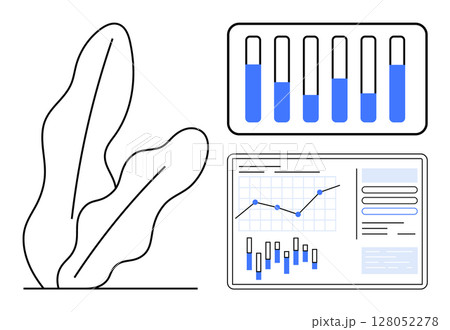 Chart with blue bars, a screen showing analytical graphs, and an abstract leaf shape. Ideal for presentations, reports, data analytics, business, education, technology, and infographics. Line 128052278