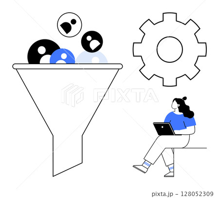 Funnel filtering diverse user avatars, large gear representing process optimization, person using laptop. Ideal for marketing strategies, customer acquisition, productivity, automation, analytics Funnel filtering diverse user avatars, large gear representing process optimization, person using laptop. Ideal for marketing strategies, customer acquisition, productivity, automation, analytics 128052309