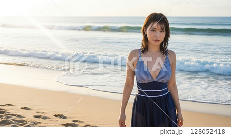 夏の浜辺の可憐な日本の美女	 128052418