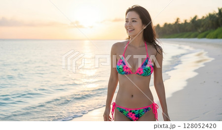 夏の浜辺の可憐な日本の美女	 128052420