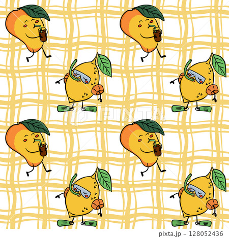 Funny seamless pattern with hand drawn lemons in diving masks and mangoes drinking juice on a yellow grid background 128052436