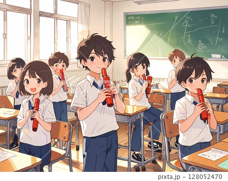 リコーダー練習に取り組む小学生たち(男女混合) リコーダー練習に取り組む小学生たち(男女混合) 128052470