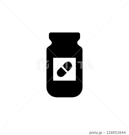 Medical Bottle with Pills, Medicine Vial Solid Flat Vector Icon Isolated on White Background 128052644