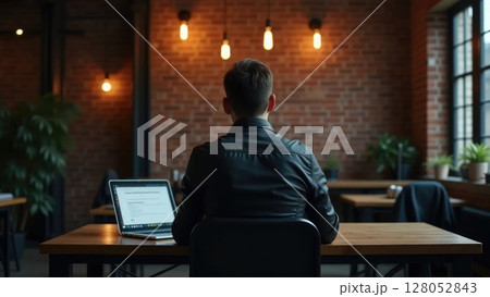 Person working in industrial loft office, back view 128052843
